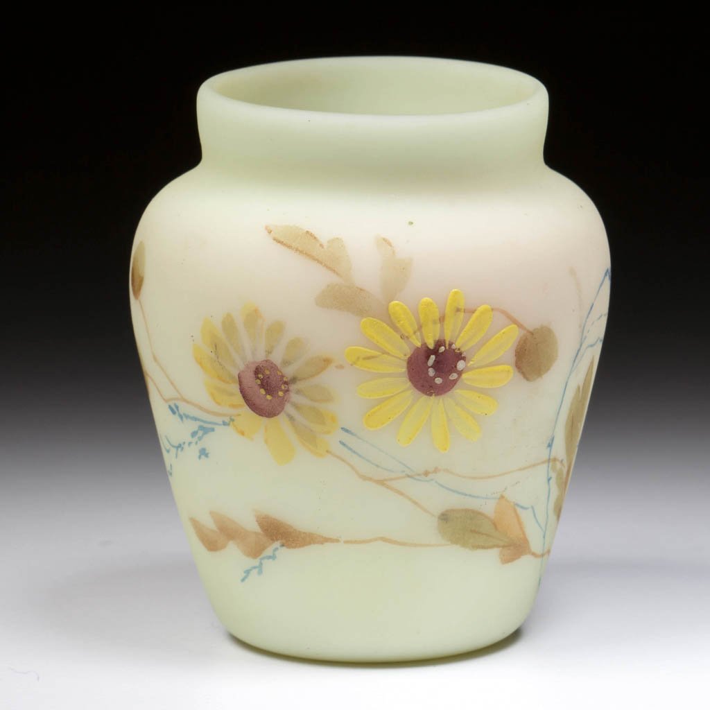 BURMESE DECORATED TOOTHPICK HOLDER: BURMESE DECORATED TOOTHPICK HOLDER, with polychrome decoration, urn-form and polished pontil mark. New England Glass Co./Mt. Washington Glass Co. Circa 1890. 2 5/8" H. Literature: Heacock - 1000 Tooth