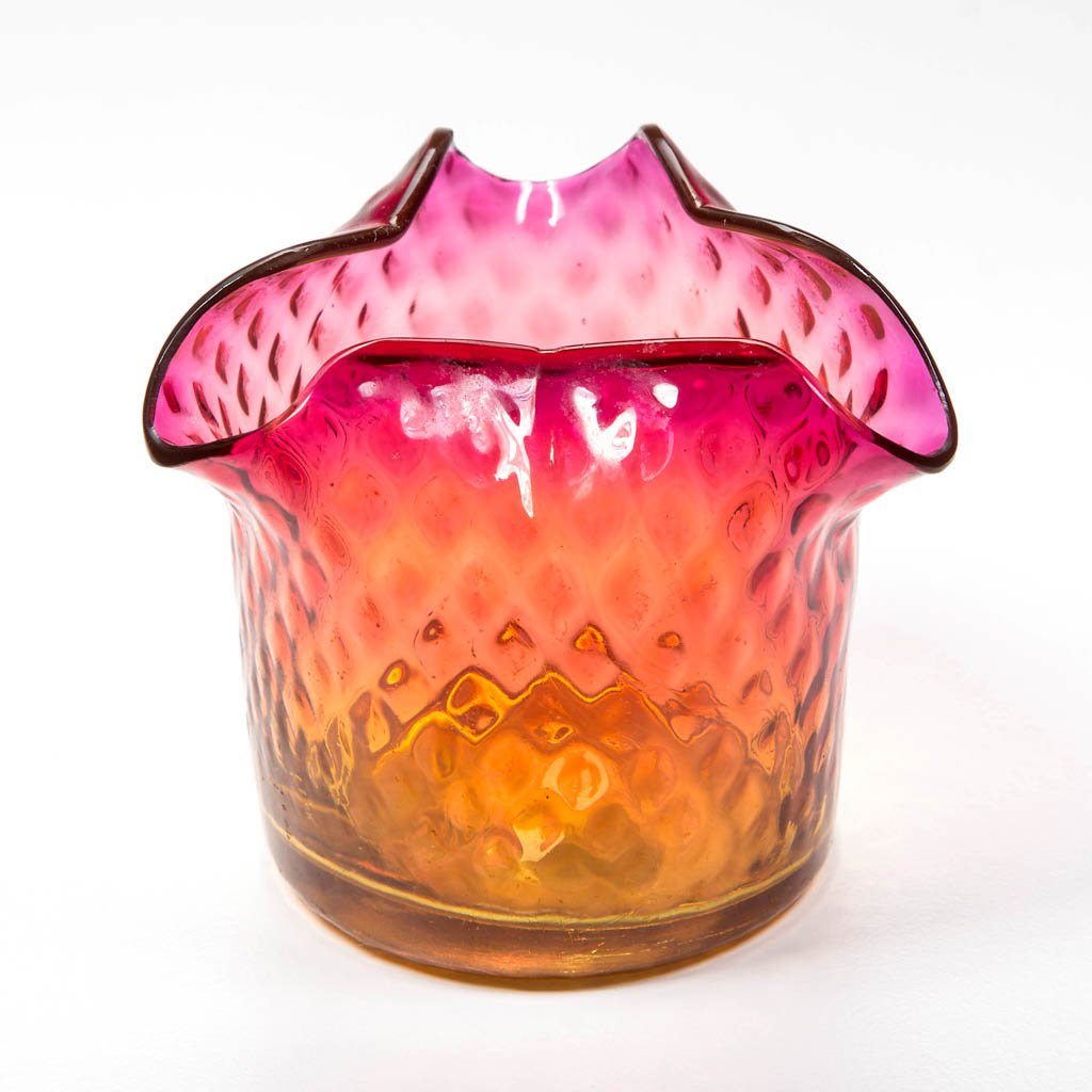AMBERINA VENETIAN DIAMOND TRI-CORNER RIM TOOTHPICK: AMBERINA VENETIAN DIAMOND TRI-CORNER RIM TOOTHPICK HOLDER, polished pontil mark. New England Glass Co. Circa 1890. 2 1/8" HOA. Literature: Heacock - 1000 Toothpick Holders, p. 42, fig. 39. Provenance: