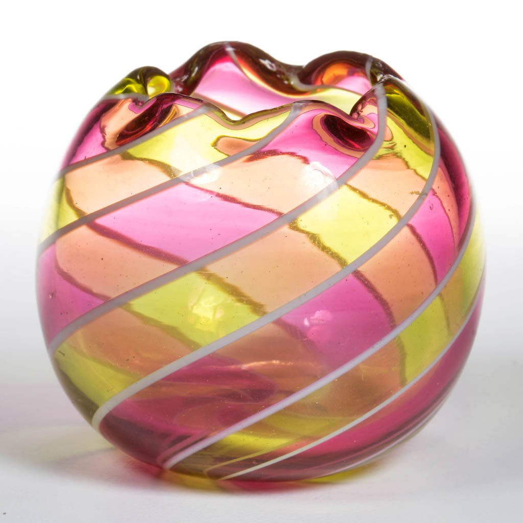 RAINBOW RIBBON TOOTHPICK HOLDER: RAINBOW RIBBON TOOTHPICK HOLDER, cranberry and yellow, with a crimped rim and polished pontil mark. Possibly Stevens & Williams. Late 19th/early 20th century. 2 1/8" H. Literature: Parallels Bredehoft