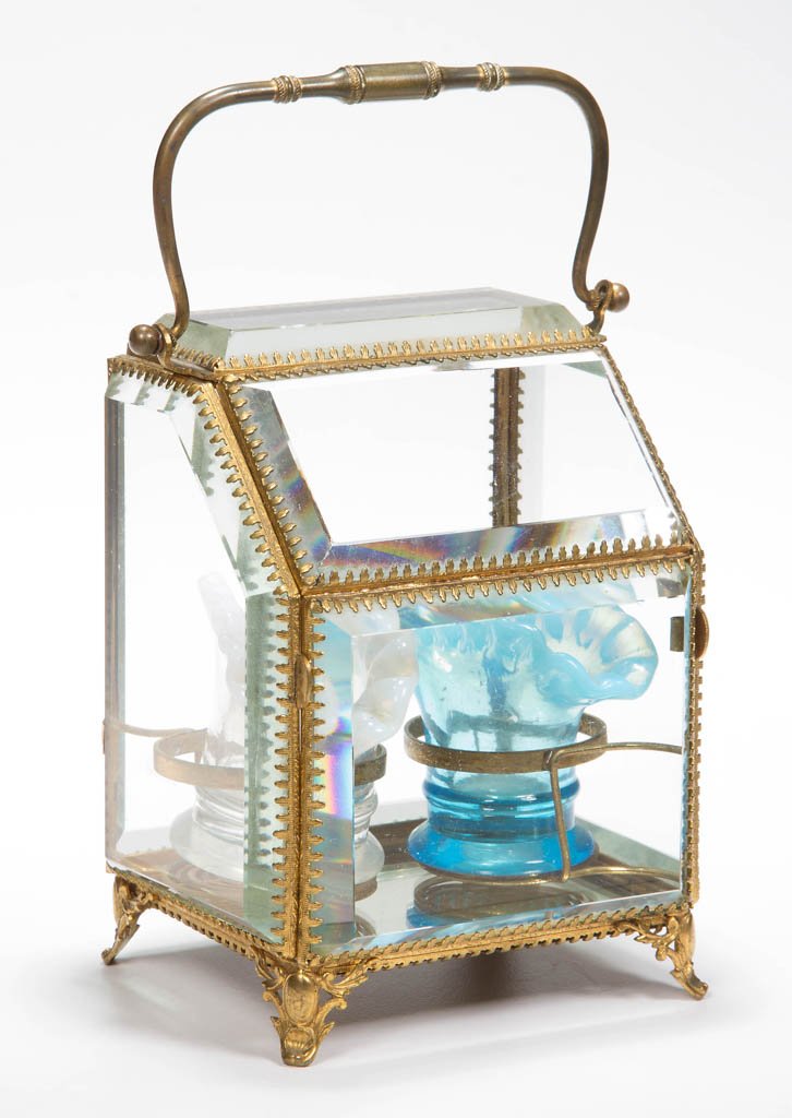 CONTEMPORARY OPALESCENT TOOTHPICK HOLDERS AND CASE: CONTEMPORARY OPALESCENT TOOTHPICK HOLDERS AND CASE, colorless and blue opalescent, comprising two holders fitted in an earlier with glass perfume bottle carrying case. Case fourth quarter 19th century
