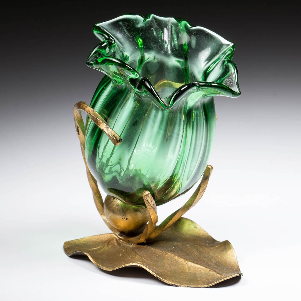 RIB-OPTIC OPEN SALT / TOOTHPICK HOLDER: RIB-OPTIC OPEN SALT / TOOTHPICK HOLDER, green, flower form fitted in a leaf-form "EP" stand, later paint applied. Late 19th/early 20th century. 2 3/4" HOA, 2" H to rim. Literature: Toothpick Holders: