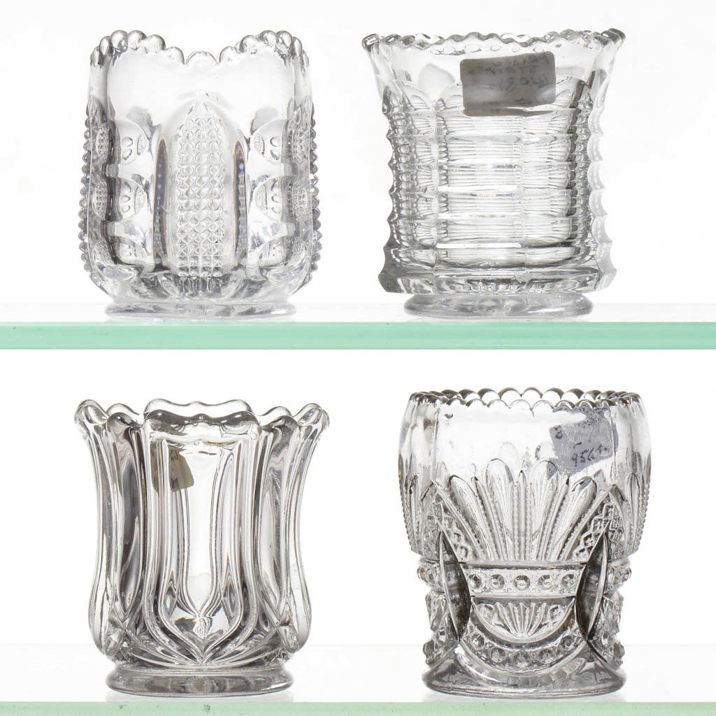 ASSORTED HEISEY TOOTHPICK HOLDERS, LOT OF FOUR: ASSORTED HEISEY TOOTHPICK HOLDERS, LOT OF FOUR, colorless, comprising a signed Prince of Wales, a Punty & Diamond Point, a signed Prison Strip, and a signed Queen Anne example. A. H. Heisey & Co. Circ