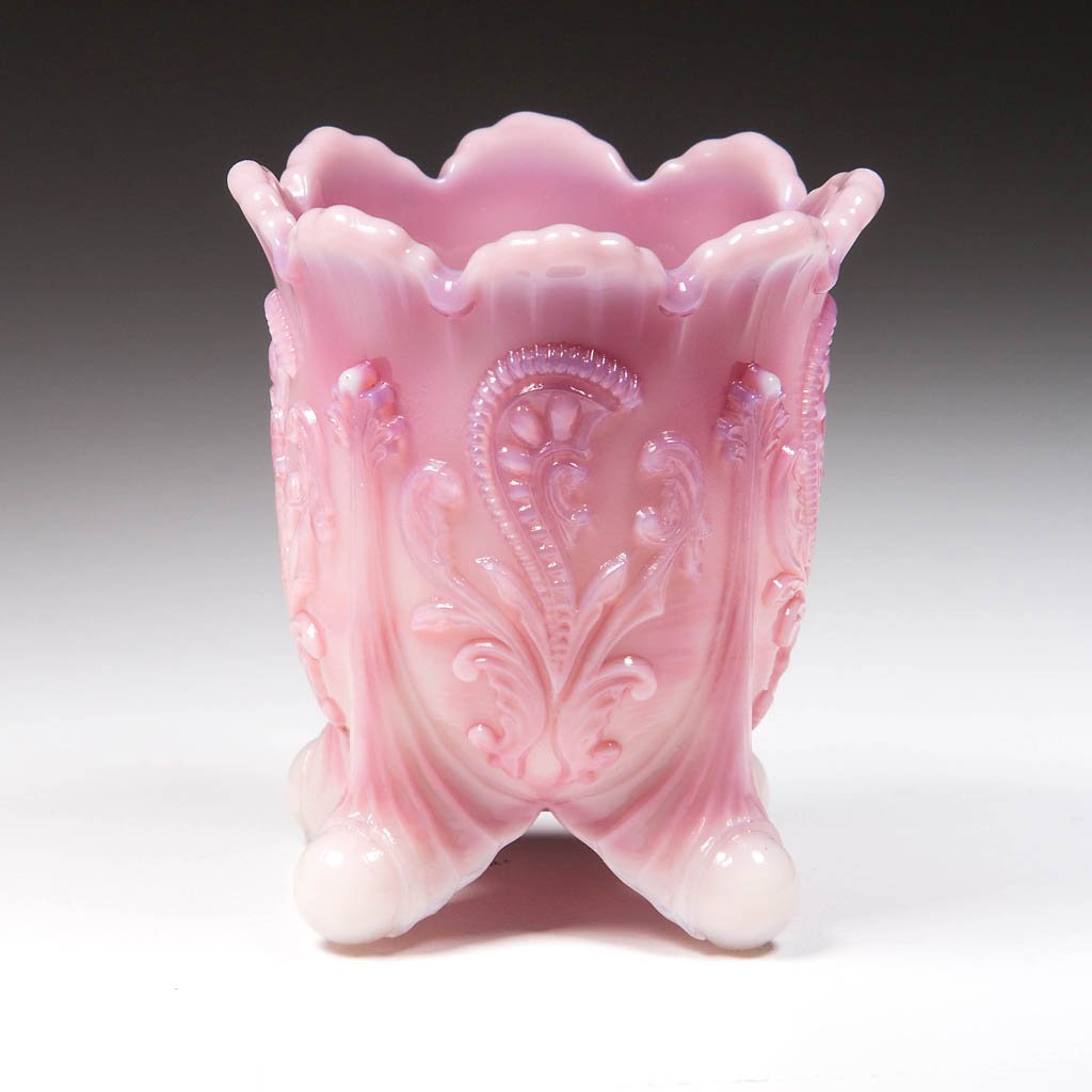 INVERTED FAN AND FEATHER TOOTHPICK HOLDER: INVERTED FAN AND FEATHER TOOTHPICK HOLDER, pink slag. Northwood Glass Co./Dugan Glass Co. Circa 1904. 2 3/8" H. Literature: Bredehoft/Sanford - Glass Toothpick Holders, Second Edition, p. 160, bottom
