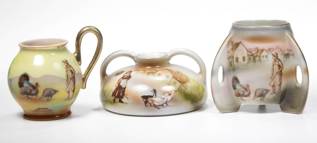 ROYAL BAYREUTH PORCELAIN TOOTHPICK HOLDERS, LOT OF: ROYAL BAYREUTH PORCELAIN TOOTHPICK HOLDERS, LOT OF THREE, comprising two Turkey / Man examples, and a Goose / Girl. Two with printed blue mark to underside. Circa 1900-1920. 1 7/8" to 2 5/8" H. Litera