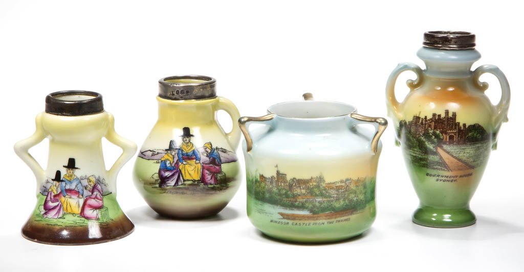 ROYAL BAYREUTH PICTORIAL PORCELAIN TOOTHPICK HOLDERS,: ROYAL BAYREUTH PICTORIAL PORCELAIN TOOTHPICK HOLDERS, LOT OF FOUR, including scenic examples depicting Windsor Castle and Government House in Sydney, three with a silver mounting. One with printed blu