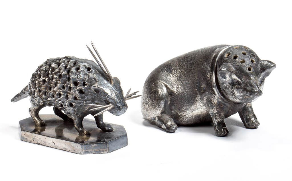 ASSORTED ANIMAL FIGURAL SILVER-PLATE TOOTHPICK HOLDERS,: ASSORTED ANIMAL FIGURAL SILVER-PLATE TOOTHPICK HOLDERS, LOT OF TWO, comprising a signed Meriden porcupine numbered "1900" and a signed Pairpoint pig example holder numbered "261." Fourth quarter 19th