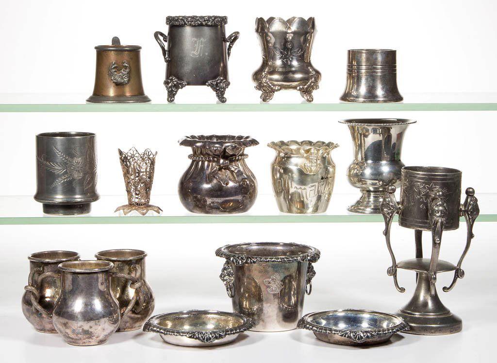 ASSORTED SILVER-PLATED TOOTHPICK / MATCH HOLDERS, LOT: ASSORTED SILVER-PLATED TOOTHPICK / MATCH HOLDERS, LOT OF 12, numerous Victorian quadruple-plate examples including Meriden, Webster, Barbour, and Homan. Fourth quarter 19th/first half 20th century. 2"