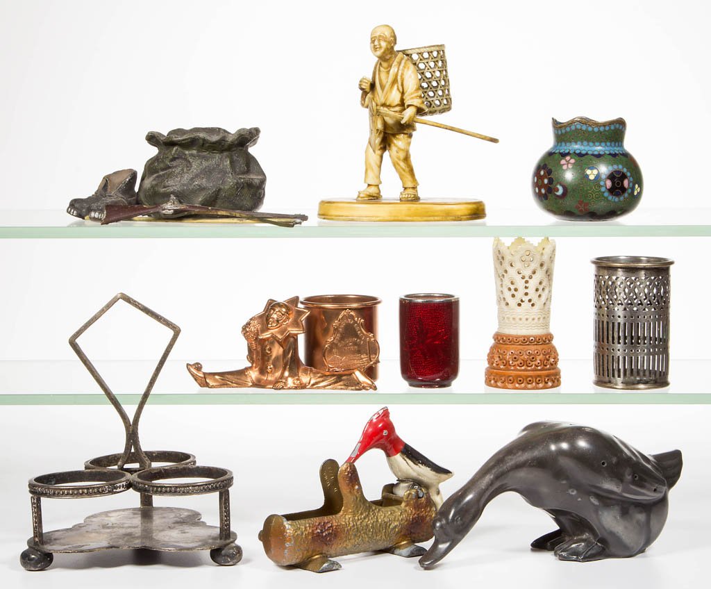 ASSORTED METAL AND OTHER ARTICLES, LOT OF 10: ASSORTED METAL AND OTHER ARTICLES, LOT OF 10, including toothpick holders. 1 3/4" to 5 1/4" H. Provenance: The Lowell Wiggins collection, Sun City, AZ.