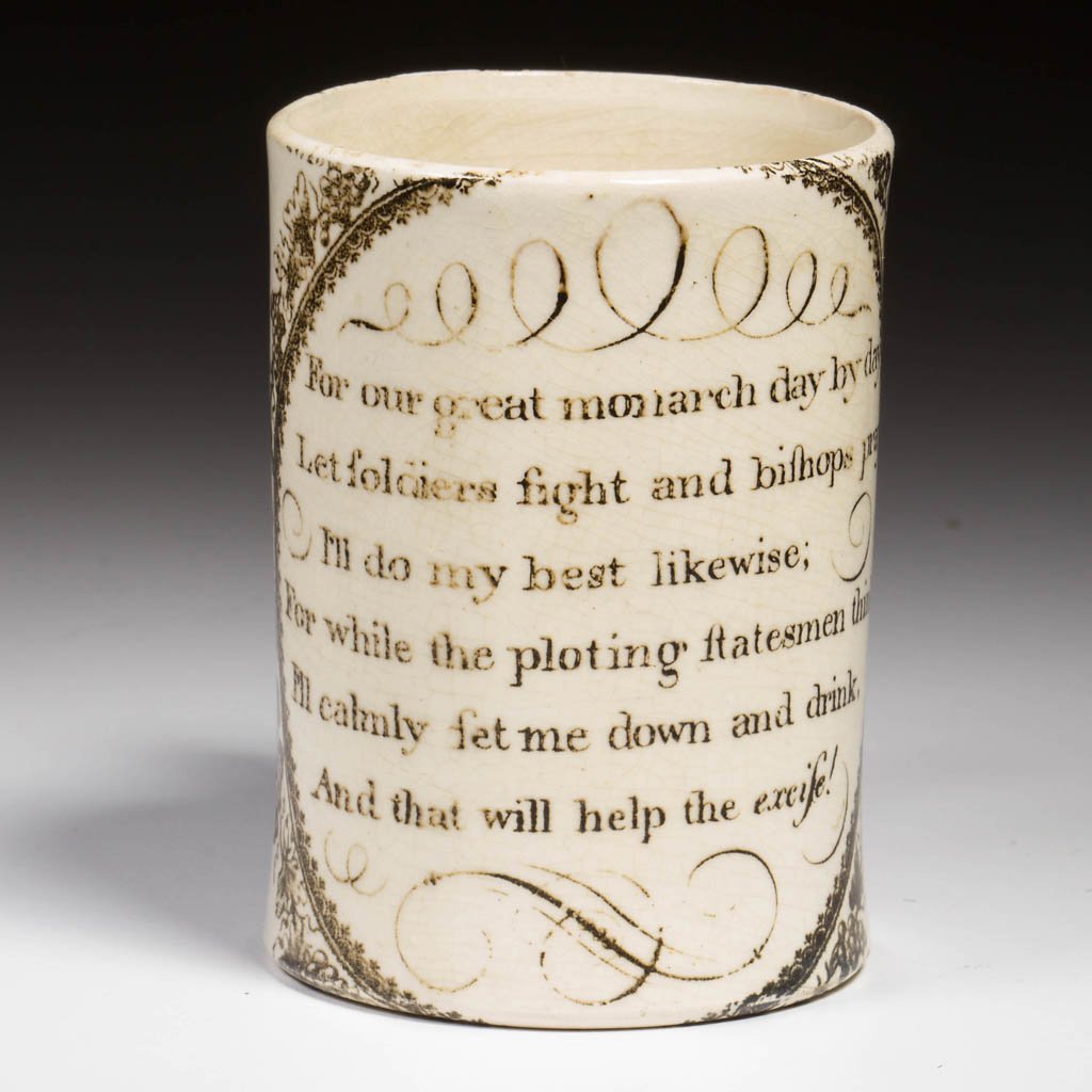 ENGLISH STAFFORDSHIRE POTTERY CREAMWARE CHILD'S TANKARD: ENGLISH STAFFORDSHIRE POTTERY CREAMWARE CHILD'S TANKARD, of unusual proportions, the tall, cylindrical body with a very slight flare to the foot, with plain handle, the front transfer- printed in sepi