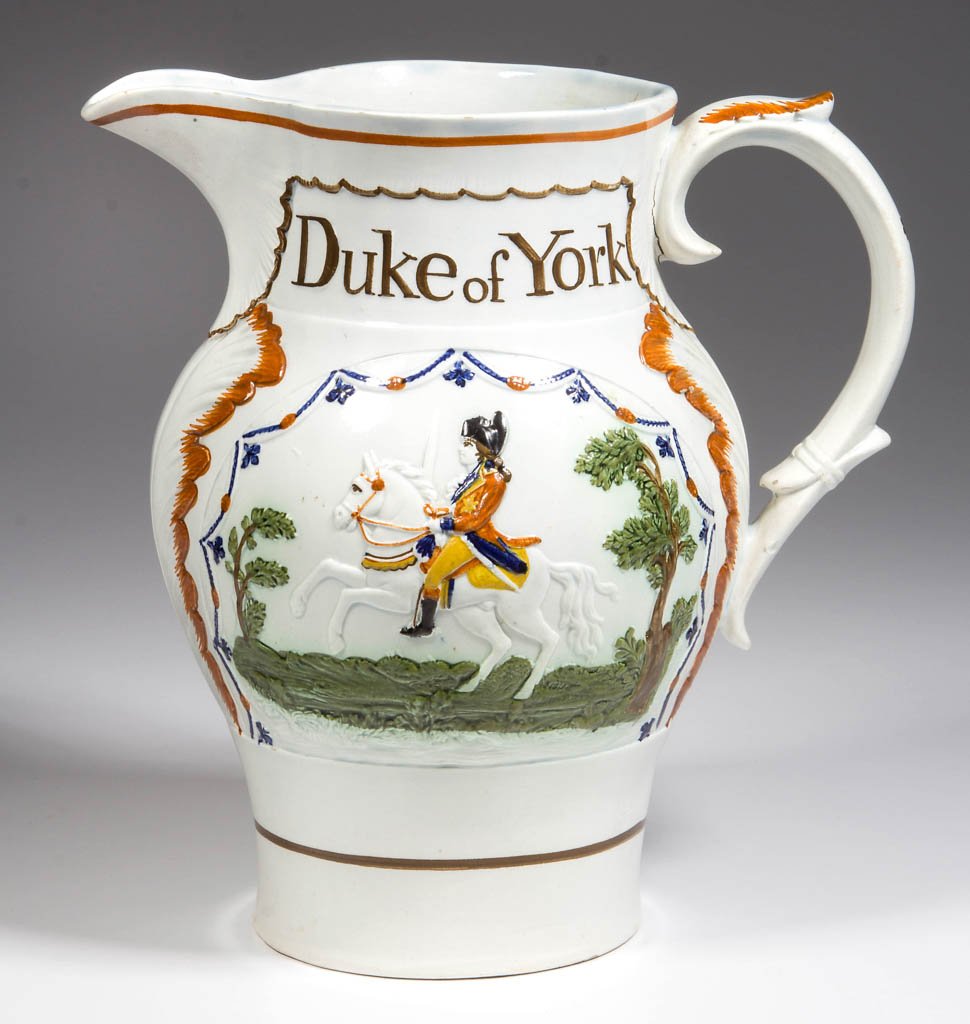 ENGLISH STAFFORDSHIRE POTTERY PEARLWARE PRATTWARE: ENGLISH STAFFORDSHIRE POTTERY PEARLWARE PRATTWARE MOLDED PITCHER, of baluster form, the wide handle with foliate-molded upper section, the body molded with bands of shell-molding to top and large leav