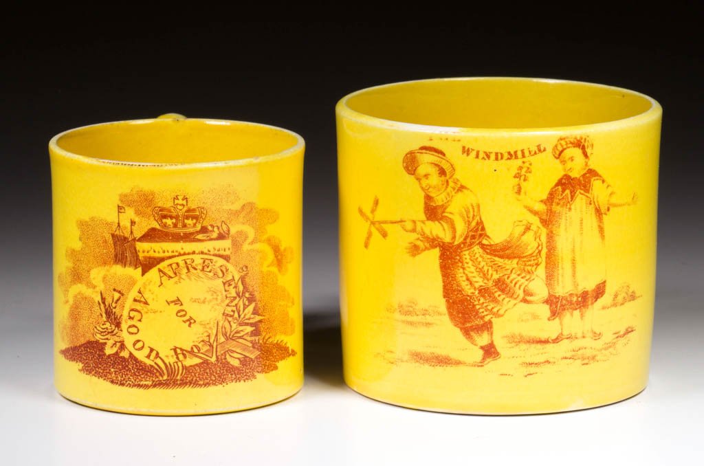 ENGLISH STAFFORDSHIRE OR YORKSHIRE POTTERY CANARY: ENGLISH STAFFORDSHIRE OR YORKSHIRE POTTERY CANARY YELLOW-GLAZED CHILD'S MUGS, LOT OF TWO, comprising two straight-sided mugs, each transfer-printed in iron-red, the first with a scene of two boys play