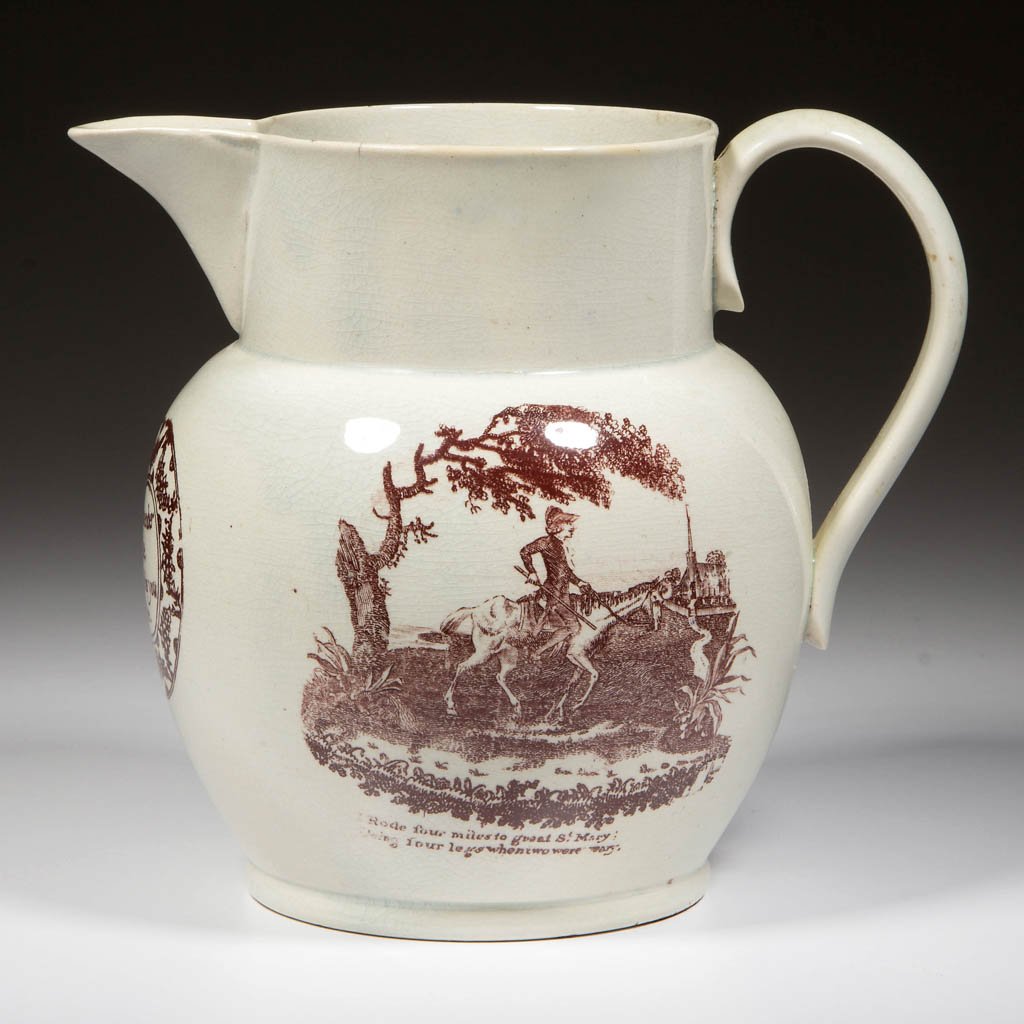 ENGLISH LIVERPOOL OR STAFFORDSHIRE POTTERY PEARLWARE: ENGLISH LIVERPOOL OR STAFFORDSHIRE POTTERY PEARLWARE MARITIME PITCHER, of baluster form with a high neck, transfer-printed in brown with the motto "Success to the Wooden / Walls of Old England," under