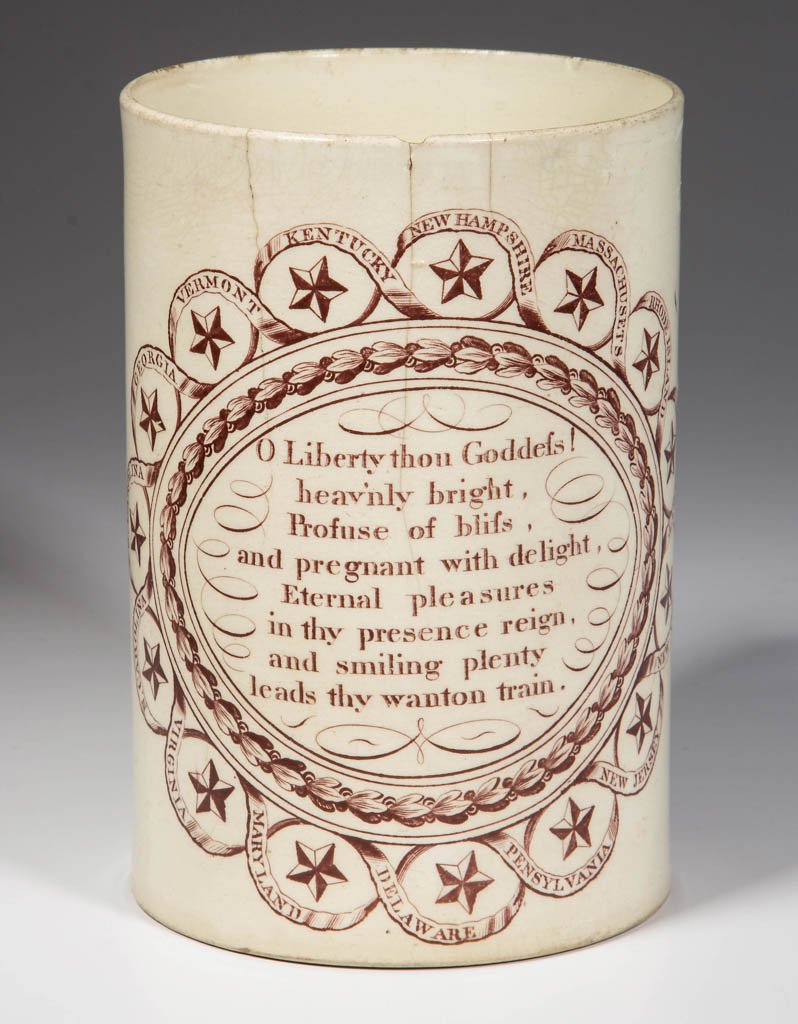 ENGLISH LIVERPOOL OR STAFFORDSHIRE POTTERY CREAMWARE: ENGLISH LIVERPOOL OR STAFFORDSHIRE POTTERY CREAMWARE AMERICAN HISTORICAL TALL TANKARD, of slightly flaring straight-sided, cylindrical form, transfer-printed in sepia monochrome with an ode, "O Libert