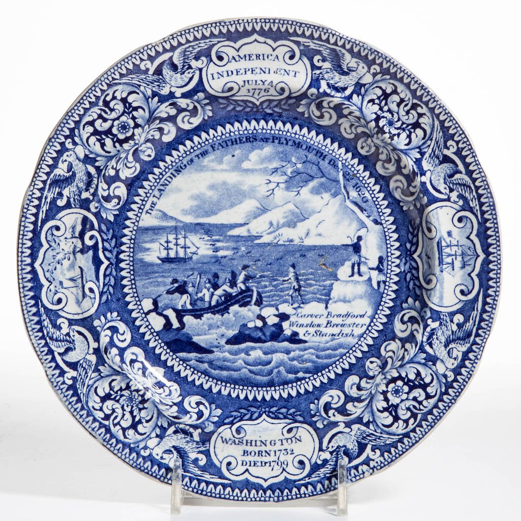 ENGLISH ENOCH WOOD POTTERY PEARLWARE AMERICAN: ENGLISH ENOCH WOOD POTTERY PEARLWARE AMERICAN COMMEMORATIVE PLATE, transfer-printed in medium blue, the lobed rim molded with slightly incurvate shoulder, with a view commemorating "The Landing of the