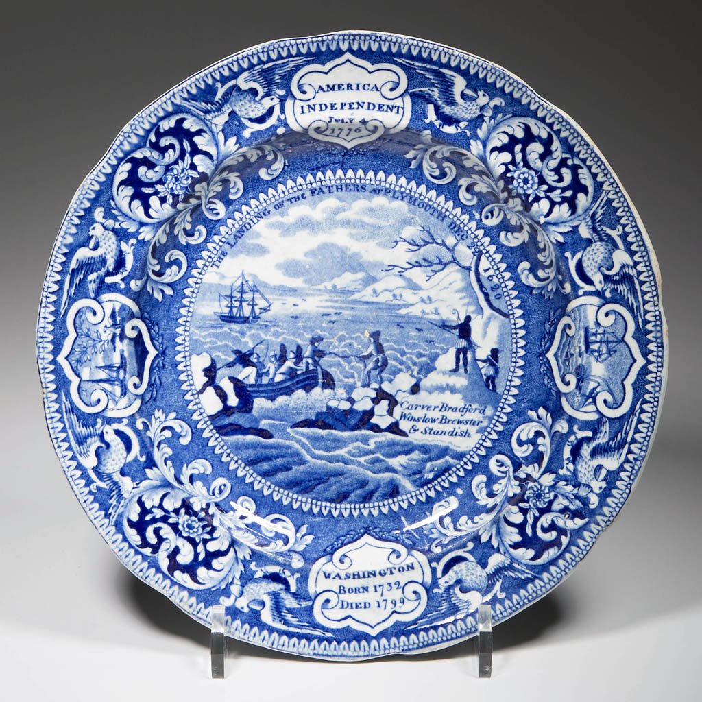 ENGLISH ENOCH WOOD POTTERY PEARLWARE AMERICAN: ENGLISH ENOCH WOOD POTTERY PEARLWARE AMERICAN COMMEMORATIVE PLATE, transfer-printed in medium blue, with lobed rim molded with slightly incurvate shoulder, with a view commemorating "The Landing of th