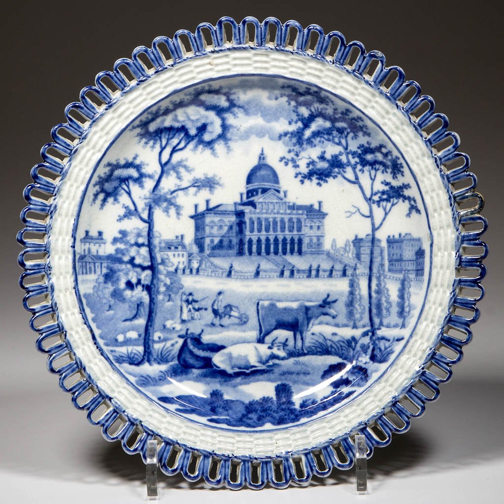 ENGLISH ROGERS POTTERY PEARLWARE "BOSTON STATE HOUSE": ENGLISH ROGERS POTTERY PEARLWARE "BOSTON STATE HOUSE" PATTERN PLATE, transfer-printed in medium blue, with reticulated and basket woven rim, with a view of the Boston State House framed by oak trees,