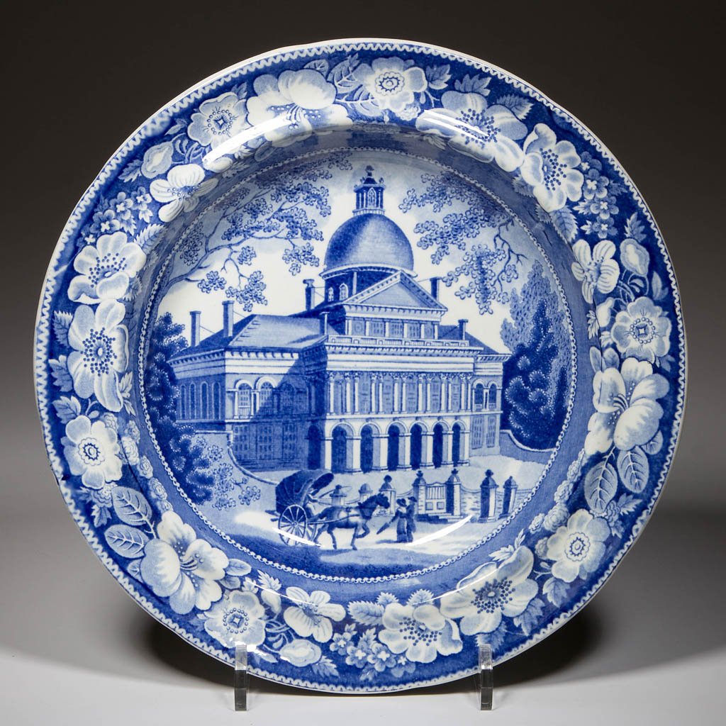 ENGLISH ENOCH WOOD & SONS POTTERY PEARLWARE "BOSTON: ENGLISH ENOCH WOOD & SONS POTTERY PEARLWARE "BOSTON STATE HOUSE #1" PATTERN SOUP PLATE, transfer-printed in medium blue, the incurvate-molded rim with a band of wild roses and leaves between dentil bo
