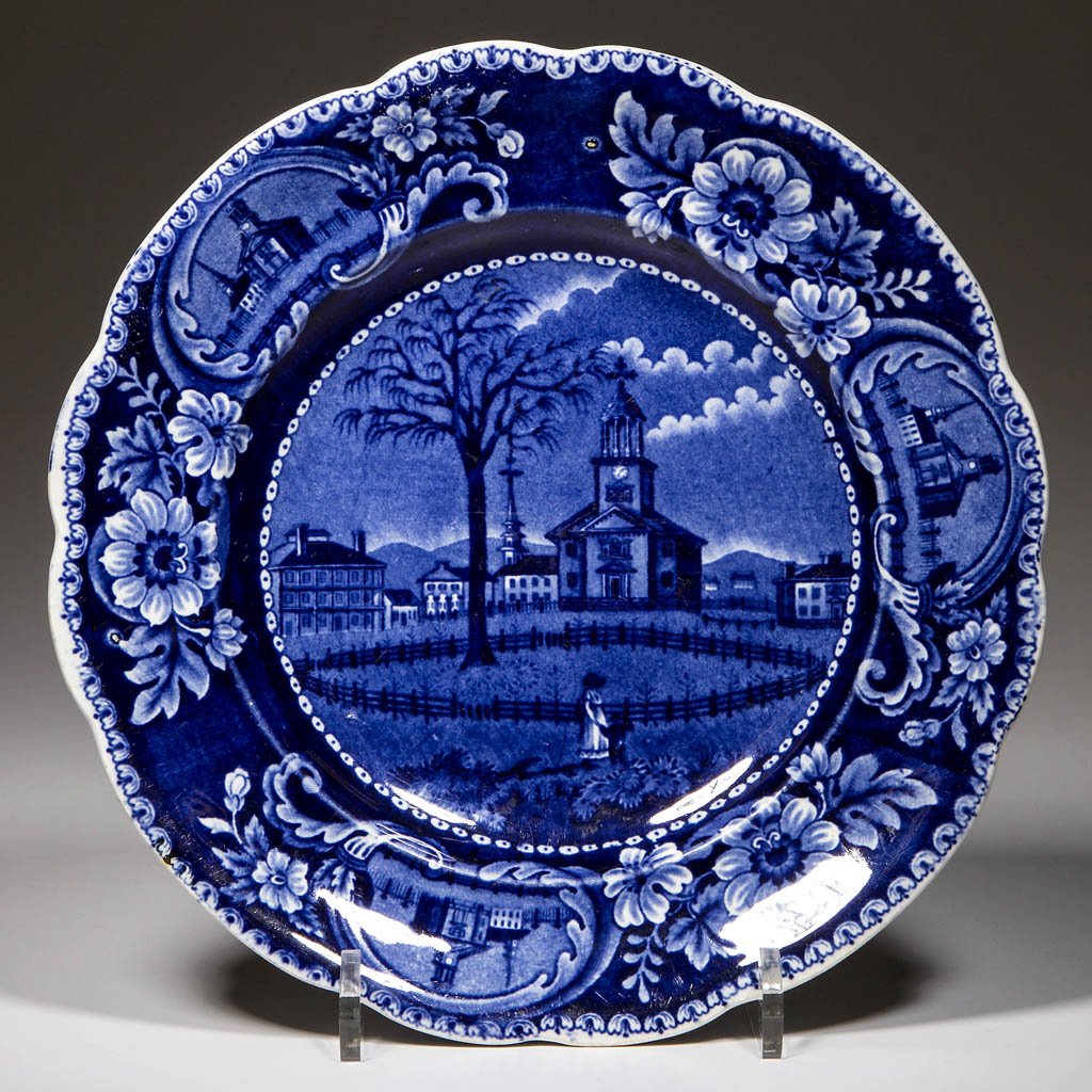 ENGLISH CLEWS POTTERY PEARLWARE "WINTER VIEW OF: ENGLISH CLEWS POTTERY PEARLWARE "WINTER VIEW OF PITTSFIELD, MA." PATTERN PLATE, transfer-printed in blue, of lobed and scallop-molded form, printed with the scenic view of the square of Pittsfield, wi