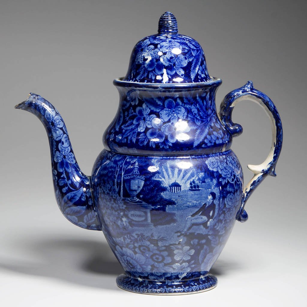 ENGLISH ENOCH WOOD POTTERY PEARLWARE "LAFAYETTE AT: ENGLISH ENOCH WOOD POTTERY PEARLWARE "LAFAYETTE AT FRANKLIN'S TOMB" PATTERN COFFEE POT AND COVER, transfer-printed in dark blue the baluster-form coffee pot with pleated upper body, molded spout, c-sc