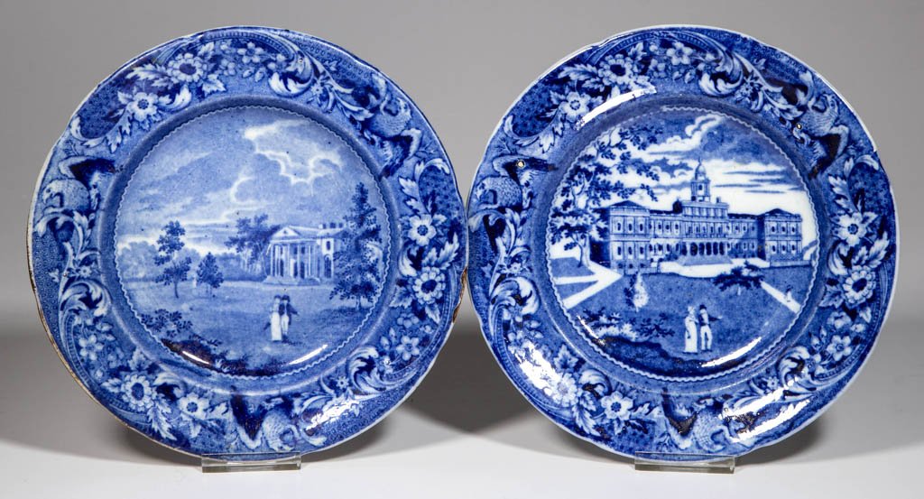 ENGLISH J. STUBBS POTTERY PEARLWARE "WOODLANDS NEAR: ENGLISH J. STUBBS POTTERY PEARLWARE "WOODLANDS NEAR PHILADELPHIA" PATTERN PLATES, LOT OF TWO, transfer-printed in medium blue, the lobed, incurvate molded rim with an eagle, honeycomb, foliate and flo
