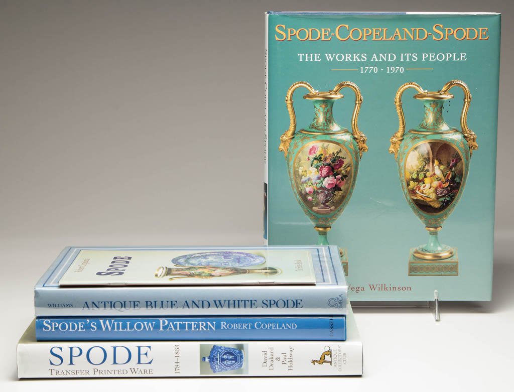 ASSORTED SPODE POTTERY REFERENCE VOLUMES, LOT OF FIVE: ASSORTED SPODE POTTERY REFERENCE VOLUMES, LOT OF FIVE, including Robert Copeland, "Spode's Willow Pattern", third edition; Sydney Williams, "Antique Blue and White Spode", 1987 edition; Vega Wilkinson