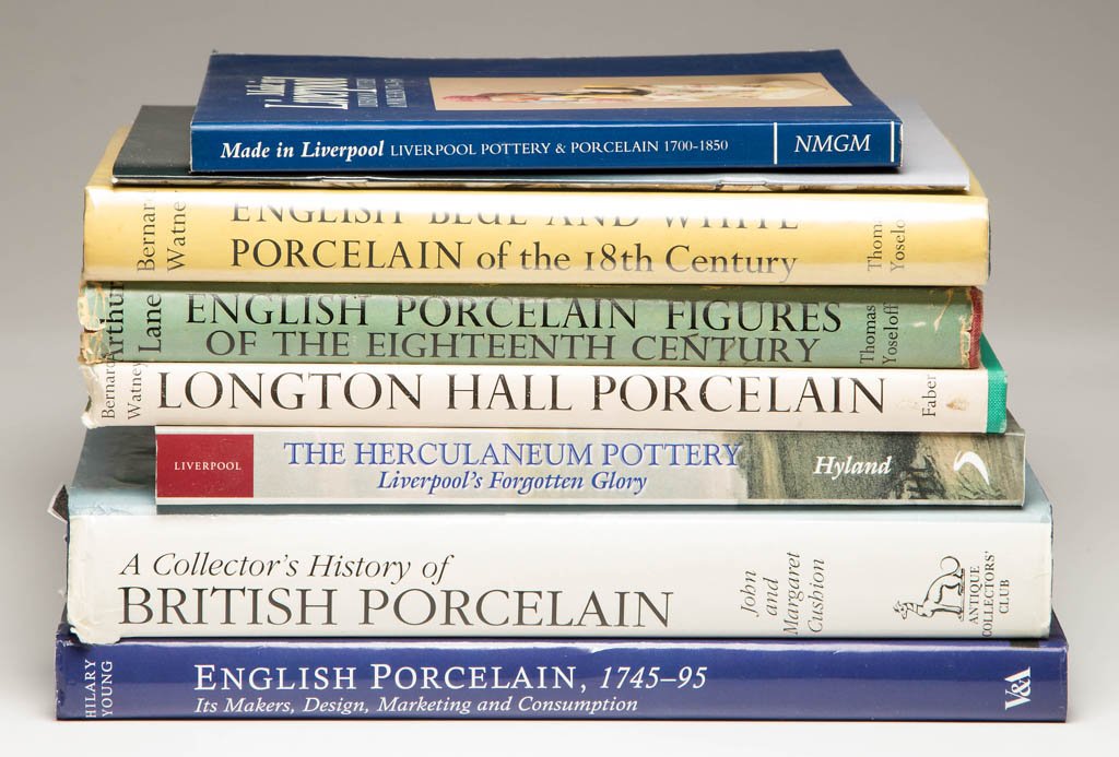 ASSORTED BRITISH PORCELAIN REFERENCE VOLUMES, LOT OF: ASSORTED BRITISH PORCELAIN REFERENCE VOLUMES, LOT OF EIGHT, including Hilary Young, "English Porcelain 1745-95: Its Makers, Design, Marketing and Consumption," first edition; John and Margaret Cushion