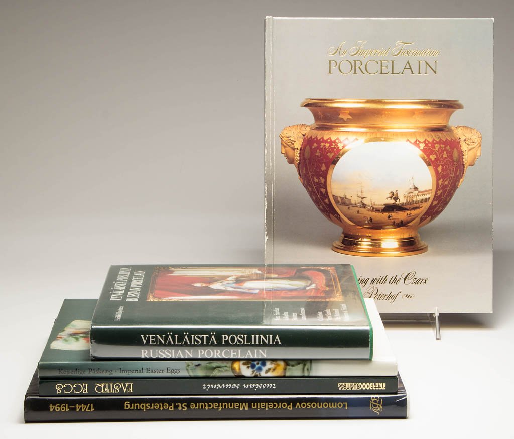 ASSORTED RUSSIAN AND SCANDINAVIAN PORCELAIN REFERENCE: ASSORTED RUSSIAN AND SCANDINAVIAN PORCELAIN REFERENCE VOLUMES, LOT OF FIVE, comprising Ole Villumsen Krog et al, "Imperial Easter Eggs"/"Kejserlige Paskeaeg"; Heikki Hyvonen, "Russian Porcelain: Colle
