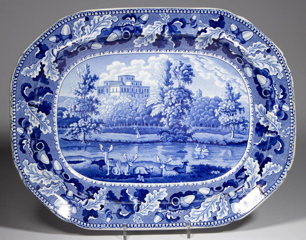 ENGLISH ENOCH WOOD & SONS POTTERY PEARLWARE "KENMOUNT: ENGLISH ENOCH WOOD & SONS POTTERY PEARLWARE "KENMOUNT HOUSE DUMFRIESSHIRE" PATTERN PLATTER, of lobed, canted-corner, rectangular form, transfer-printed with a wide oak-leaf and acorn border on seed gr