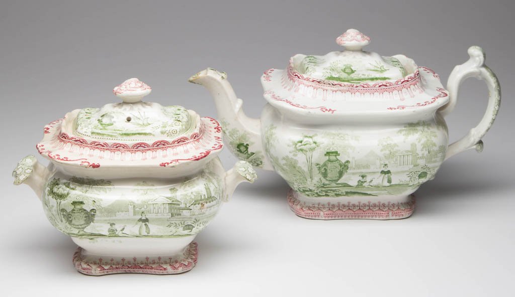 ENGLISH T. MEYER POTTERY PEARLWARE BICOLOR "CANOVA": ENGLISH T. MEYER POTTERY PEARLWARE BICOLOR "CANOVA" PATTERN TEA ARTICLES, LOT OF TWO, comprising a teapot and cover, and sugar and cover, of squat, rectangular form, transfer-printed in red to knops,