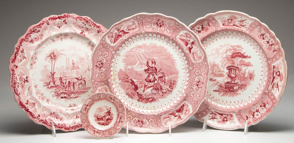 ENGLISH STAFFORDSHIRE POTTERY PEARLWARE PLATES, LOT OF: ENGLISH STAFFORDSHIRE POTTERY PEARLWARE PLATES, LOT OF FOUR, transfer-printed in red, comprising an Adams "Caledonian" pattern; a T. Meyer "Canova" pattern; a T. Meyer "Mogul Scenery" large scallop-mo