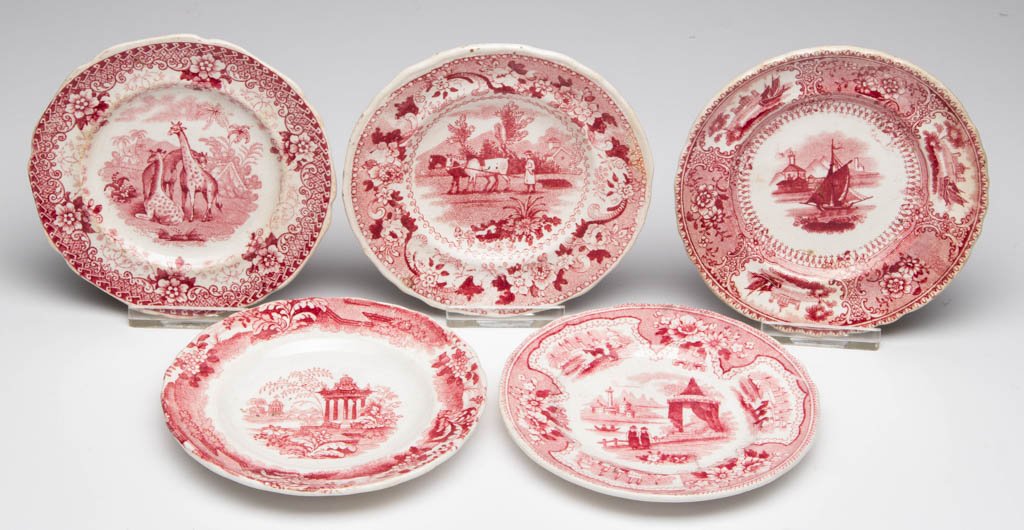 ENGLISH STAFFORDSHIRE POTTERY PEARLWARE CUP PLATES, LOT: ENGLISH STAFFORDSHIRE POTTERY PEARLWARE CUP PLATES, LOT OF FIVE, transfer-printed in red, including a Ridgway's "Giraffe" pattern, and an Adam's "Palestine" pattern example. Some with impressed marks.