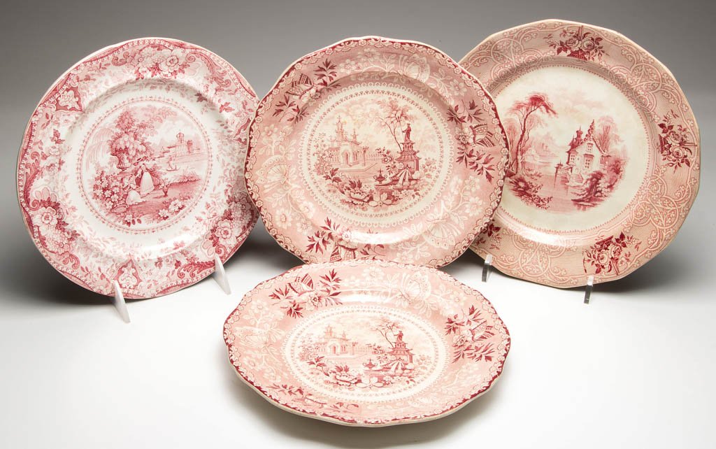 ENGLISH STAFFORDSHIRE POTTERY PEARLWARE DINNER PLATES,: ENGLISH STAFFORDSHIRE POTTERY PEARLWARE DINNER PLATES, LOT OF FOUR, transfer-printed in red, comprising an R. Hall "Italian Buildings" plate; two scallop-molded ironstone plates transfer-printed in th
