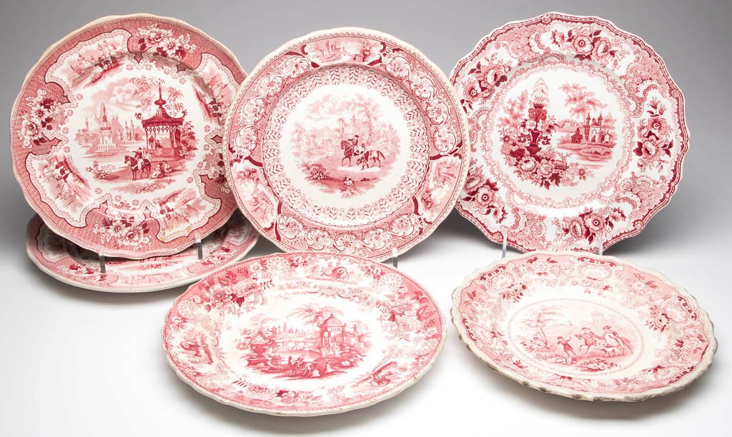 ENGLISH STAFFORDSHIRE POTTERY PEARLWARE TABLEWARE: ENGLISH STAFFORDSHIRE POTTERY PEARLWARE TABLEWARE ARTICLES, LOT OF SIX, transfer-printed in red, with scallop-molded rims, printed in various patterns of floral, Asiatic, European, or exotic interest.