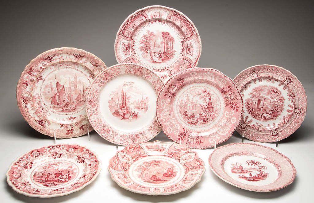 ENGLISH STAFFORDSHIRE POTTERY PEARLWARE AND IRONSTONE: ENGLISH STAFFORDSHIRE POTTERY PEARLWARE AND IRONSTONE PLATES, LOT OF EIGHT, transfer-printed in red, including Clews, Jackson, and Adams examples, all transfer-printed in red with various historical v