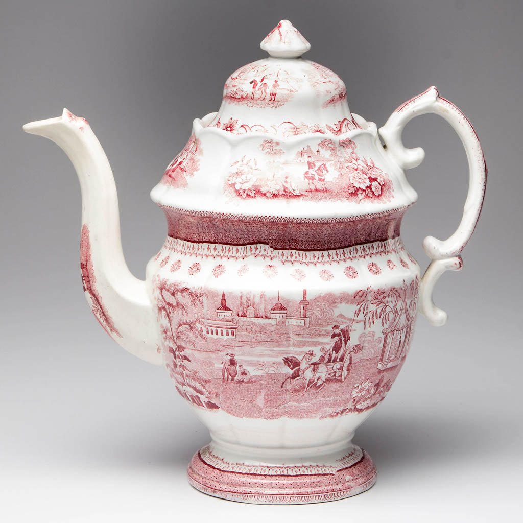 ENGLISH ADAMS POTTERY PEARLWARE "PALESTINE" PATTERN: ENGLISH ADAMS POTTERY PEARLWARE "PALESTINE" PATTERN COFFEE POT, transfer-printed in red, the urn-form body with high-domed cover, transfer-printed with the historic scene in panels to the side. Impres