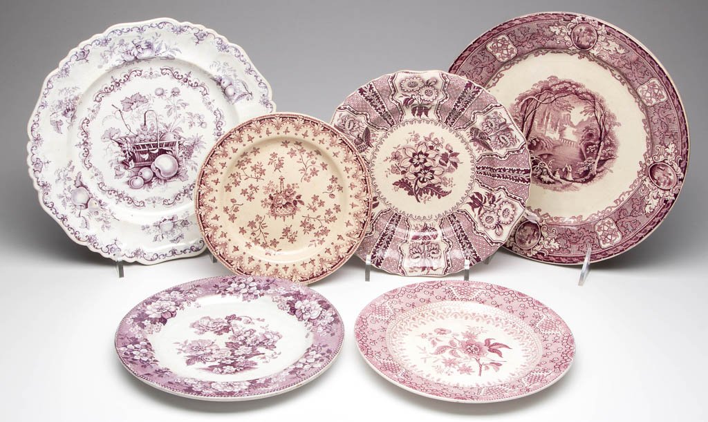 ENGLISH STAFFORDSHIRE POTTERY PEARLWARE TABLE ARTICLES,: ENGLISH STAFFORDSHIRE POTTERY PEARLWARE TABLE ARTICLES, LOT OF SIX, transfer-printed in purple, comprising five plates decorated with floral, fruit and/or geometric patterns, and one Challinor "Panama