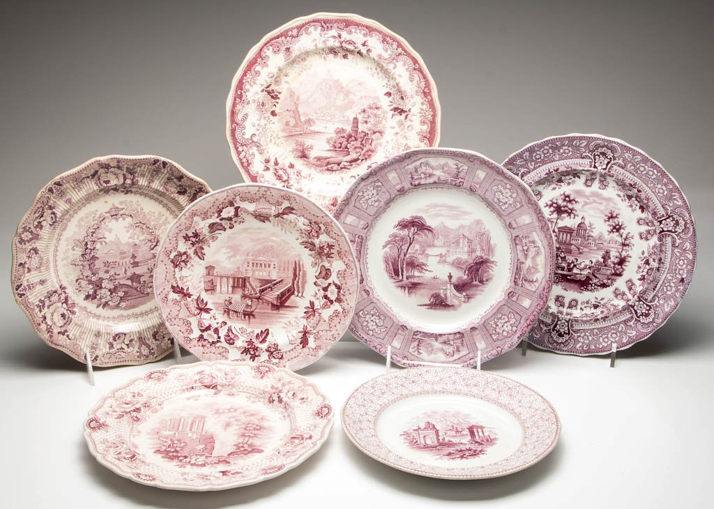 ENGLISH STAFFORDSHIRE POTTERY PEARLWARE AND IRONSTONE: ENGLISH STAFFORDSHIRE POTTERY PEARLWARE AND IRONSTONE PLATES, LOT OF SEVEN, transfer-printed in purple, comprising seven plates by Davenport, Dillon, and other manufacturers, with scallop-molded or mu