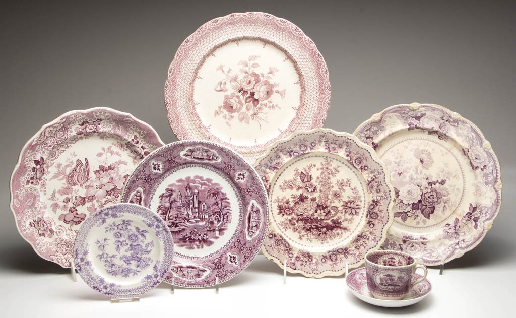 ENGLISH STAFFORDSHIRE POTTERY PEARLWARE TABLE ARTICLES,: ENGLISH STAFFORDSHIRE POTTERY PEARLWARE TABLE ARTICLES, LOT OF EIGHT, transfer-printed in purple, comprising a T. J. & J. Mayer "Baronial Halls #01" pattern teacup and saucer and a dessert plate in th