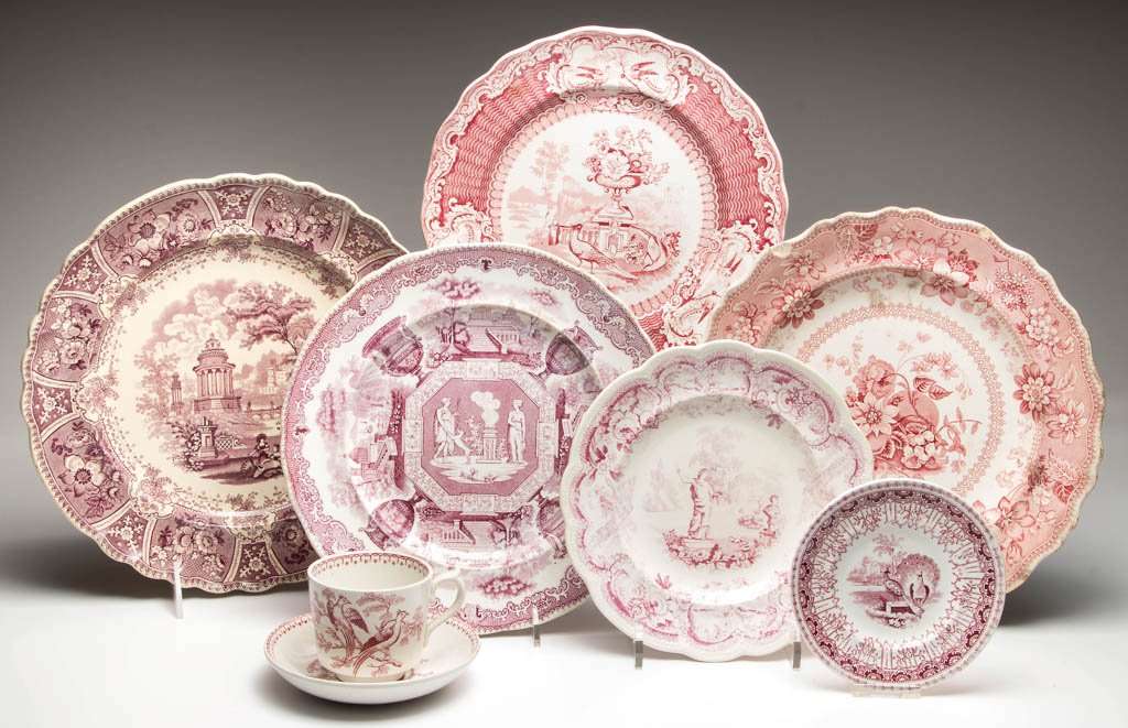 ENGLISH STAFFORDSHIRE POTTERY BIRD AND FLORAL: ENGLISH STAFFORDSHIRE POTTERY BIRD AND FLORAL TABLEWARES, LOT OF EIGHT, transfer-printed in purple, comprising three plates with scallop-molded rims, printed in the "Antiques" and other Classically-in