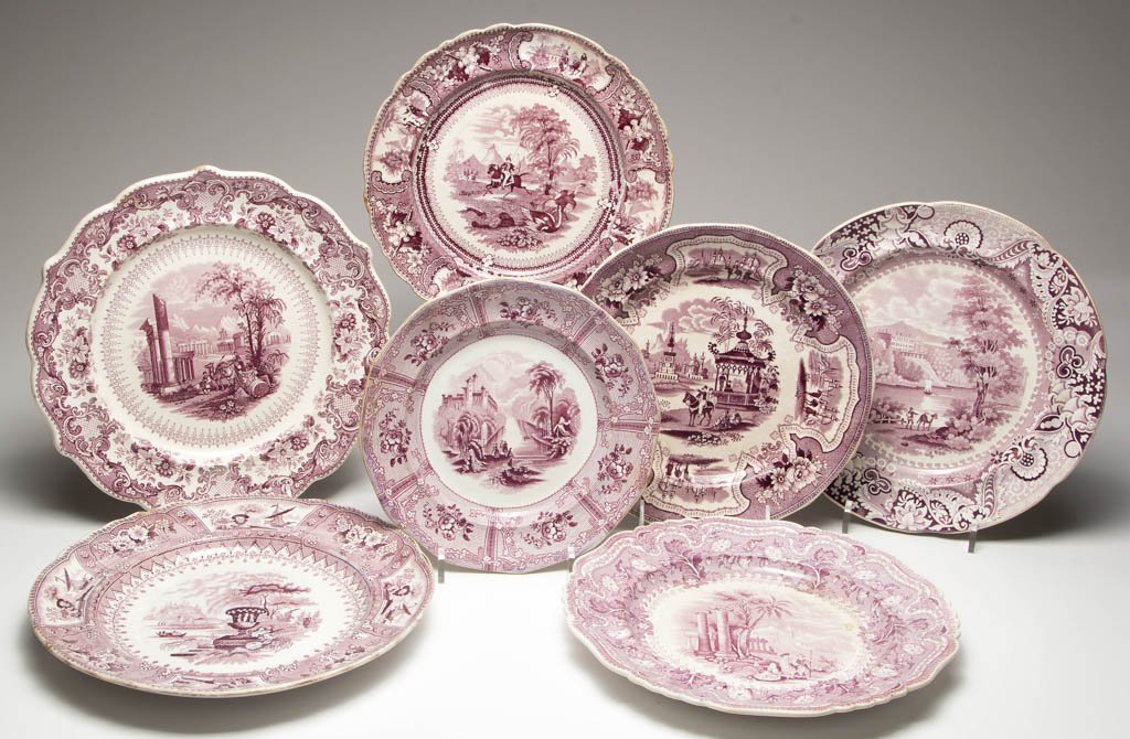 ENGLISH STAFFORDSHIRE POTTERY PEARLWARE PRINTED PLATES,: ENGLISH STAFFORDSHIRE POTTERY PEARLWARE PRINTED PLATES, LOT OF SEVEN, transfer-printed in purple, including a J. Heath multi-sided plate, transfer-printed in the, "Ontario" pattern from the "Lake Scen