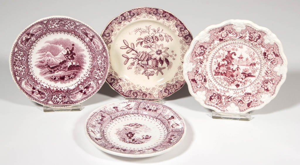 ENGLISH STAFFORDSHIRE POTTERY PEARLWARE TRANSFERWARE: ENGLISH STAFFORDSHIRE POTTERY PEARLWARE TRANSFERWARE CUP PLATES, LOT OF FOUR, transfer-printed in purple, all with shaped and scallop-molded rims, printed in "Crystal," "Caledonia," "Canova," and "Chi