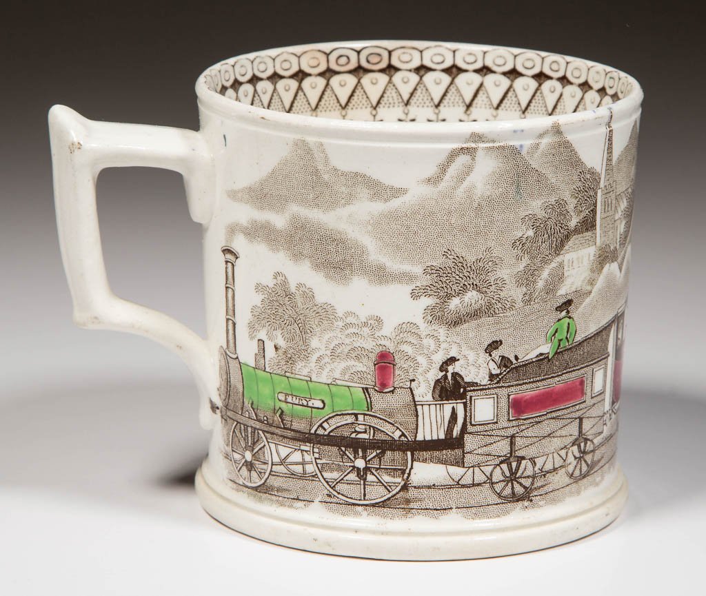 ENGLISH COBRIDGE POTTERY JOHN & ROBERT GODWIN RAILWAY: ENGLISH COBRIDGE POTTERY JOHN & ROBERT GODWIN RAILWAY SUBJECT MUG, of straight-sided, cylindrical form with turned foot, and squared handle, printed to the interior with a geometric border in brown, t
