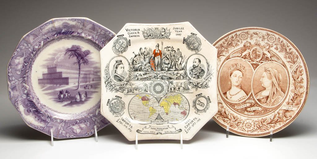 ENGLISH STAFFORDSHIRE POTTERY BRITISH COMMEMORATIVE: ENGLISH STAFFORDSHIRE POTTERY BRITISH COMMEMORATIVE PLATES, LOT OF THREE, comprising a Wagstaff & Brunt brown-transfer and a Silber & Fleming polychrome-transfer printed plate commemorating Queen Vict