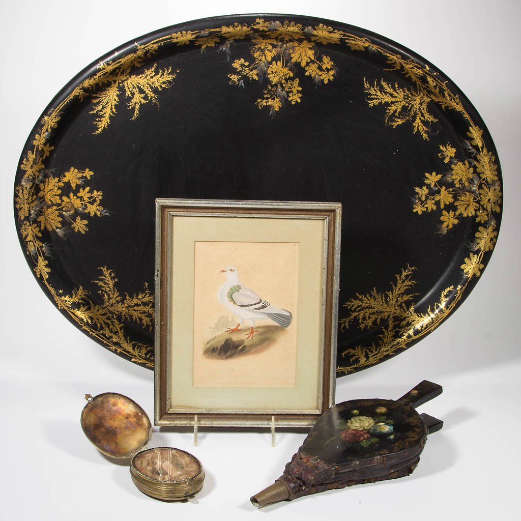 ASSORTED DECORATIVE ACCESSORIES, LOT OF FOUR: ASSORTED DECORATIVE ACCESSORIES, LOT OF FOUR, including a large oval lacquered tray, painted bellows, a Holy Land souvenir, and a hand-colored engraving of a pigeon, framed. 19th/20th century. Tray 24