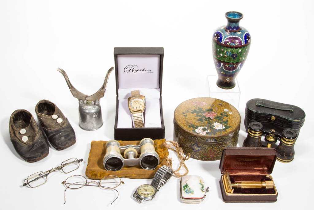 ASSORTED COLLECTIBLES, LOT OF 13: ASSORTED COLLECTIBLES, LOT OF 13, including a Bulova Accuquartz man's wristwatch, two pair of opera glasses, and two pieces of cloisonnÃ©. 19th and 20th centuries. Vase 6" H.Provenance: Property of