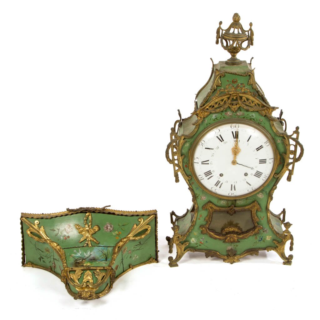 FRENCH LOUIS XV STYLE BRACKET CLOCK: FRENCH LOUIS XV STYLE BRACKET CLOCK, featuring ormolu mounts, paint-decorated surface, and original hanging shelf. Original overall painted floral decoration against a green ground, birds with nest at