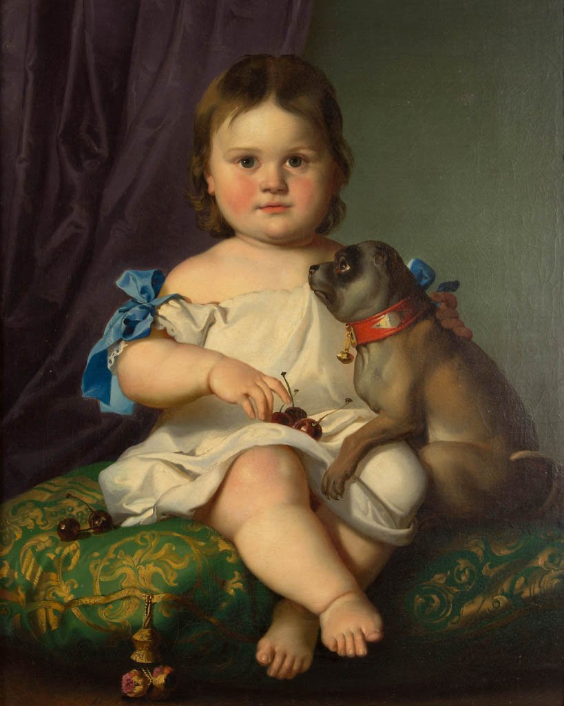 GERMAN SCHOOL (19TH CENTURY) PORTRAIT OF A CHILD: GERMAN SCHOOL (19TH CENTURY) PORTRAIT OF A CHILD, oil on canvas, depicting a ruddy-cheeked child in white dress with blue ribbons holding cherries in lap, seated on a green and gold pillow with pug in