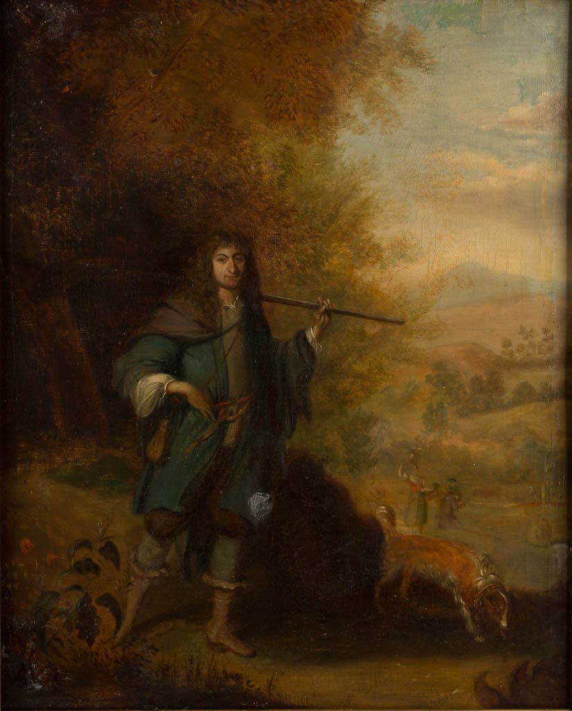 CONTINENTAL SCHOOL (18TH CENTURY) PORTRAIT: CONTINENTAL SCHOOL (18TH CENTURY) PORTRAIT, oil on canvas, of a gentleman hunter, depicted in a rural setting holding a flintlock rifle and powder horn while his dog waits nearby. No signature located