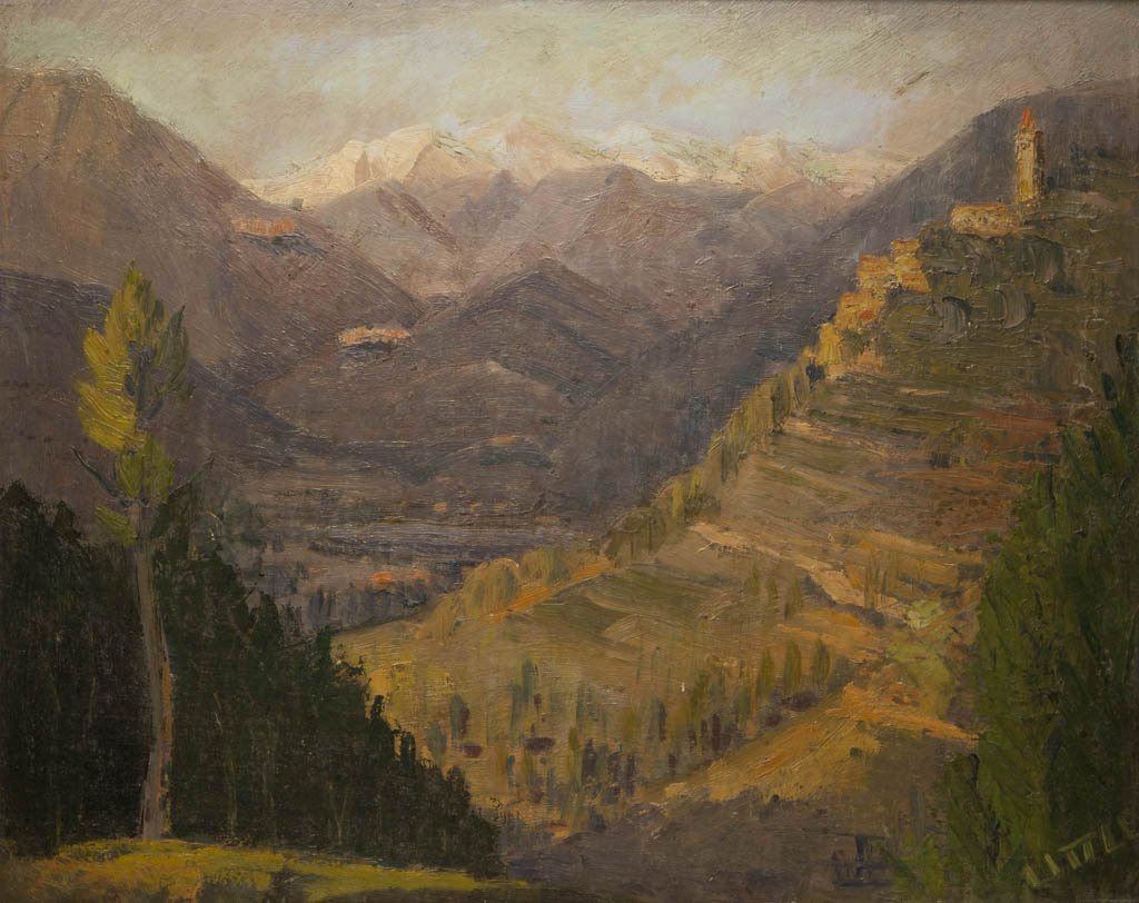 JOHN GEOFFREY CARUTHERS LITTLE (CANADIAN, B.1928),: JOHN GEOFFREY CARUTHERS LITTLE (CANADIAN, B.1928), ATTRIBUTED, LANDSCAPE PAINTING, oil on masonite, a captivating mountain scene with pronounced areas of impasto, done in an impressionistic style and 