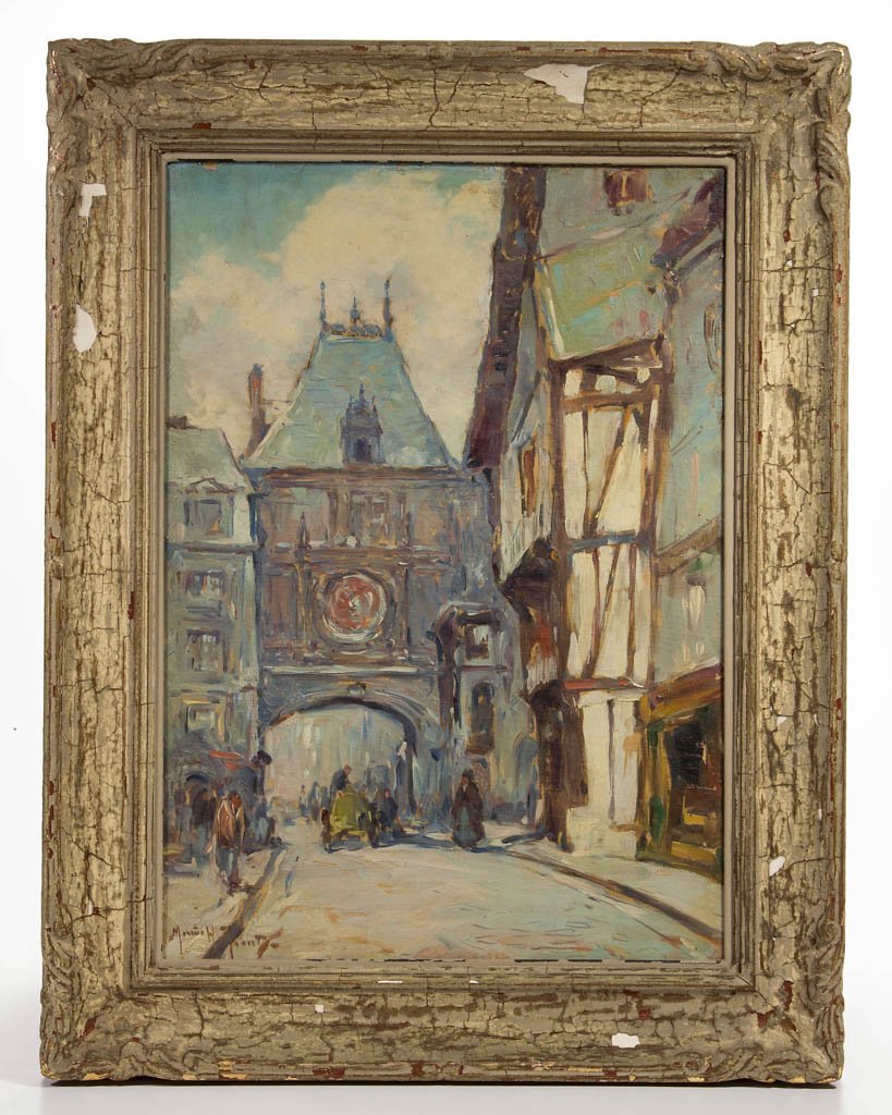 MAURICE HUBERT ROBERT (FRENCH, 1885-1947) STREET SCENE: MAURICE HUBERT ROBERT (FRENCH, 1885-1947) STREET SCENE PAINTING, oil on artist board, a vibrant scene, depicting a busy street framed by early buildings, including one which straddles the road, possib